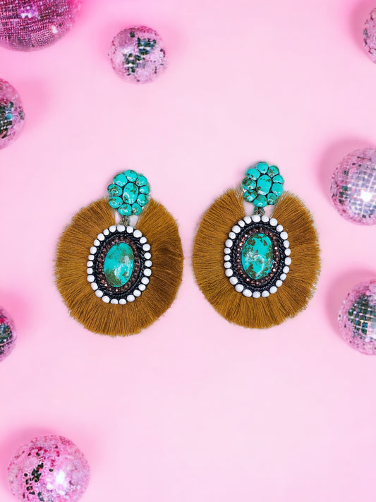MARLE EARRINGS - TURQUOISE WITH MUSTARD FRINGE