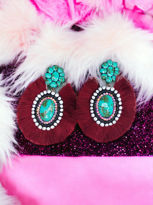 MARLE EARRINGS - TURQUOISE WITH MAROON FRINGE