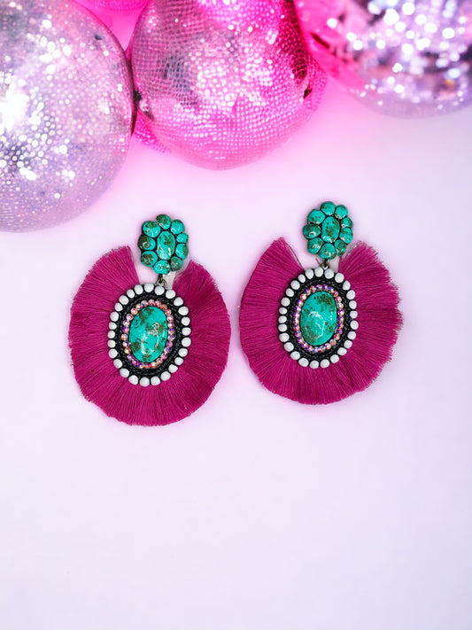 MARLE EARRINGS - TURQUOISE WITH MAGENTA FRINGE