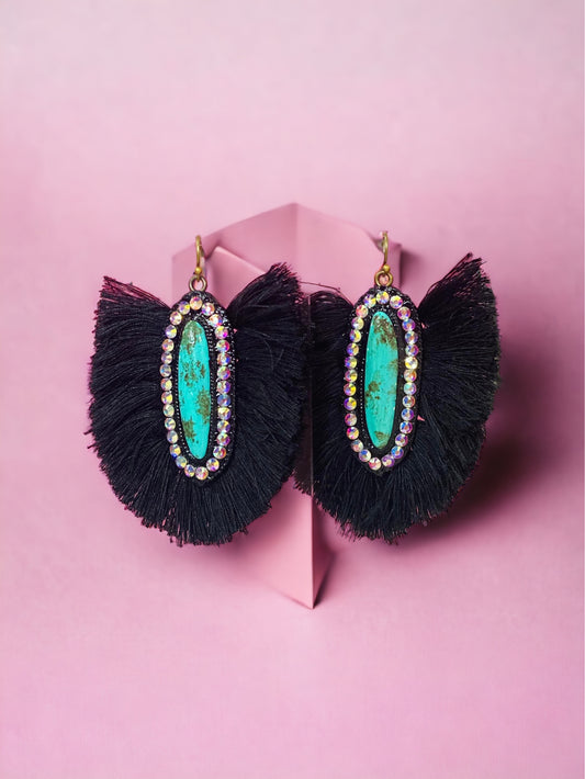 CASPER EARRINGS - TURQUOISE STONE WITH BLACK FRINGE AND AB CRYSTALS