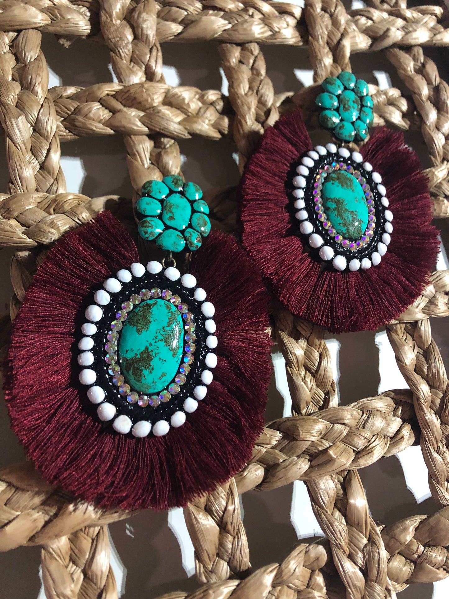MARLE EARRINGS - TURQUOISE WITH MAROON FRINGE