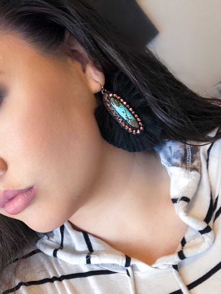 CASPER EARRINGS - TURQUOISE STONE WITH BLACK FRINGE AND ROSE GOLD CRYSTALS