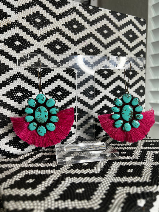 SARATOGA EARRINGS - TURQUOISE WITH CHERRY PINK FRINGE