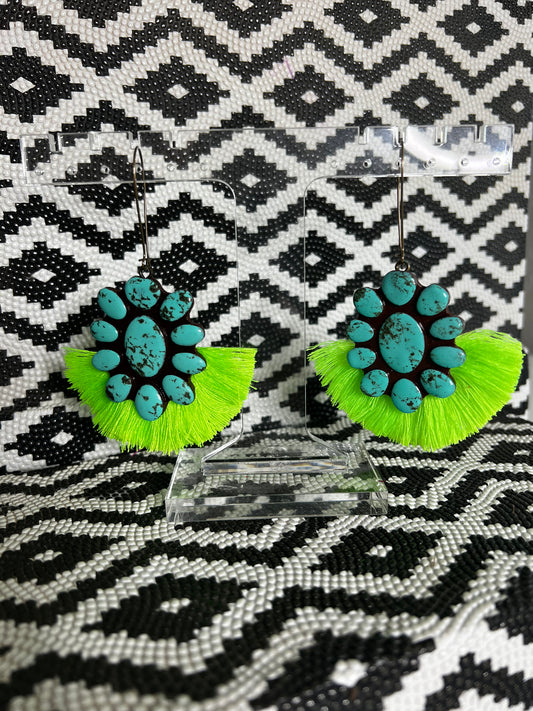 SARATOGA EARRINGS - TURQUOISE WITH NEON LIME FRINGE