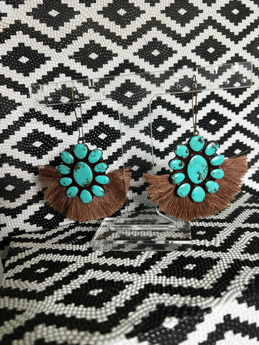 SARATOGA EARRINGS - TURQUOISE WITH LIGHT BROWN FRINGE