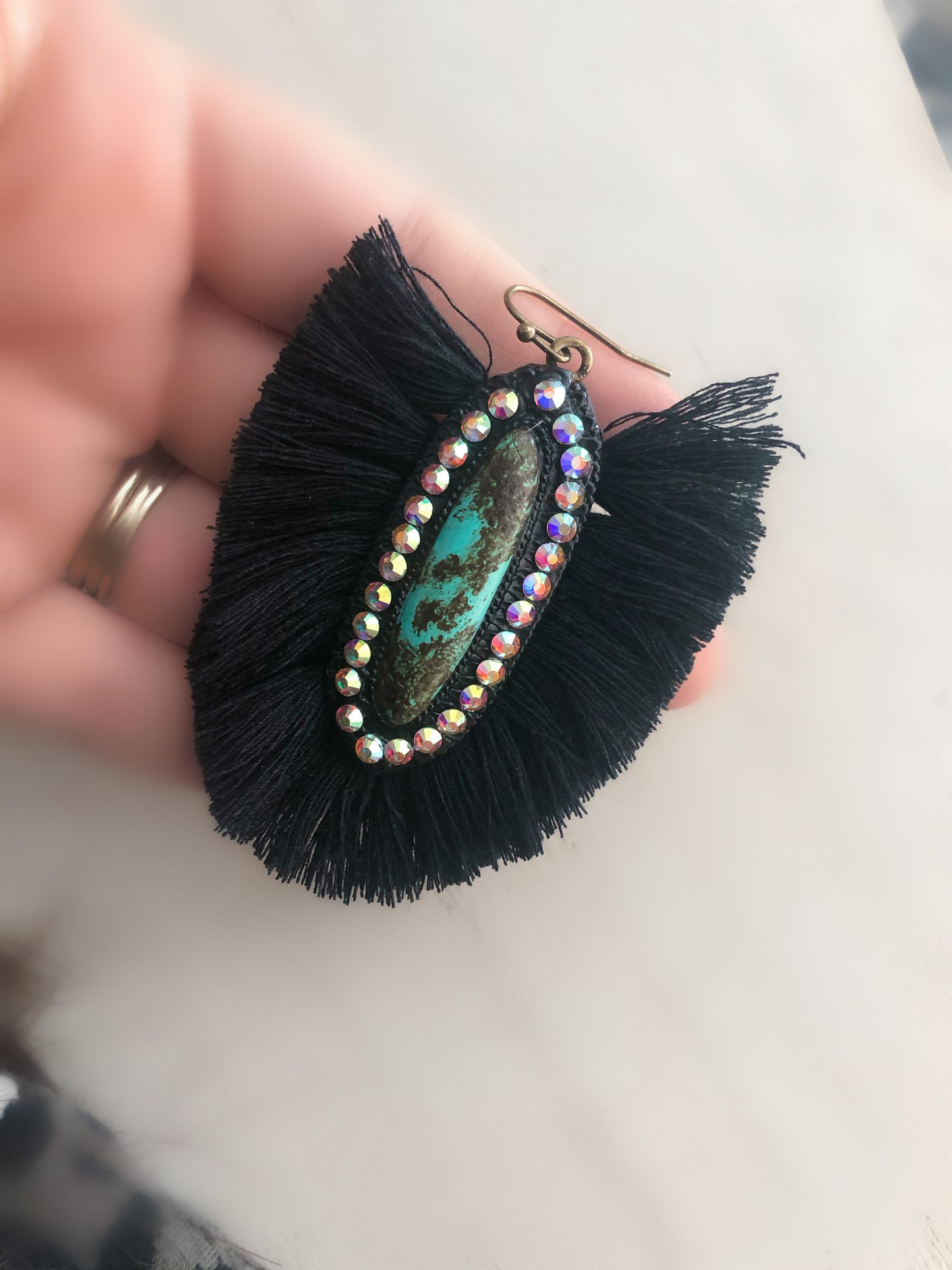 CASPER EARRINGS - TURQUOISE STONE WITH BLACK FRINGE AND AB CRYSTALS